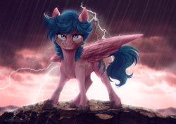 Size: 1023x726 | Tagged: dead source, safe, artist:dvixie, derpibooru import, twibooru import, firefly, pegasus, pony, g1, deleted from derpibooru, female, lightning, mare, rain, solo