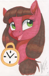 Size: 1024x1581 | Tagged: safe, artist:dvixie, derpibooru import, twibooru import, oc, oc only, oc:macdolia, earth pony, pony, bust, deleted from derpibooru, pigtails, pocket watch, portrait, smiling, swufest, traditional art