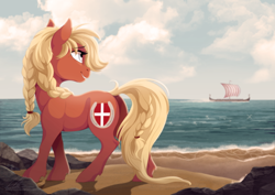 Size: 1024x726 | Tagged: safe, artist:dvixie, derpibooru import, twibooru import, oc, oc only, oc:valkyria, boat, commission, deleted from derpibooru, denmark, ocean, ship, solo, viking ship, water