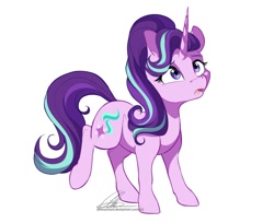 Size: 864x706 | Tagged: safe, artist:dvixie, derpibooru import, twibooru import, starlight glimmer, pony, unicorn, cute, deleted from derpibooru, female, glimmerbetes, mare, open mouth, raised leg, simple background, solo, watermark, white background