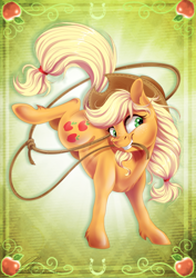 Size: 800x1128 | Tagged: safe, artist:dvixie, derpibooru import, part of a set, twibooru import, applejack, earth pony, pony, cowboy hat, deleted from derpibooru, female, freckles, hat, lasso, mare, mouth hold, rope, signature, solo, stetson