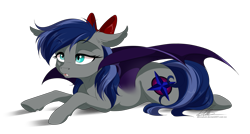 Size: 2697x1449 | Tagged: safe, artist:dvixie, derpibooru import, twibooru import, oc, oc only, oc:blue horizon, bat pony, pony, bow, deleted from derpibooru, fangs, female, hair bow, lying down, mare, sleepy, solo