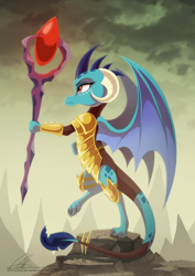 Size: 800x1128 | Tagged: safe, artist:dvixie, derpibooru import, twibooru import, dragon lord ember, princess ember, dragon, gauntlet of fire, armor, bloodstone scepter, deleted from derpibooru, female, missing accessory, missing shoes, queen, raised leg, scenery, signature, solo