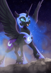 Size: 2800x3947 | Tagged: safe, artist:dvixie, derpibooru import, twibooru import, nightmare moon, alicorn, pony, armor, cute, deleted from derpibooru, fangs, female, helmet, mare, moonabetes, open mouth, smiling, solo, spread wings, stars, unshorn fetlocks, wings