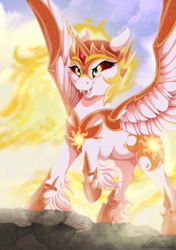 Size: 800x1134 | Tagged: safe, artist:dvixie, derpibooru import, twibooru import, daybreaker, alicorn, pony, a royal problem, cute, deleted from derpibooru, diabreaker, fangs, female, helmet, mare, pure unfiltered evil, smiling, solo, unshorn fetlocks