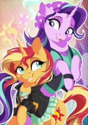 Size: 662x935 | Tagged: safe, artist:dvixie, derpibooru import, twibooru import, starlight glimmer, sunset shimmer, pony, unicorn, beanie, clothes, cute, deleted from derpibooru, duo, equestria girls outfit, eye contact, female, geode of empathy, glimmerbetes, hat, looking at each other, magical geodes, shimmerbetes, smiling