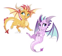 Size: 1200x1073 | Tagged: safe, artist:dvixie, derpibooru import, twibooru import, starlight glimmer, sunset shimmer, dragon, cute, deleted from derpibooru, dragoness, dragonified, duo, female, flying, glimmerbetes, glimmerdragon, shimmerbetes, simple background, smiling, species swap, spread wings, sunset dragon, sweet dreams fuel, white background, wings