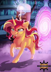 Size: 595x835 | Tagged: safe, artist:dvixie, derpibooru import, twibooru import, sunset shimmer, pony, unicorn, equestria girls, commission, deleted from derpibooru, female, happy, magic mirror, mare, portal, smiling, smirk, solo