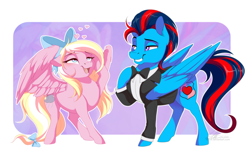 Size: 3348x2100 | Tagged: safe, artist:dvixie, derpibooru import, twibooru import, oc, oc only, oc:andrew swiftwing, oc:bay breeze, pegasus, pony, bow, bowtie, clothes, couple, deleted from derpibooru, duo, grin, hair bow, smiling, suit, swiftbreeze, swoon, tail bow, wings