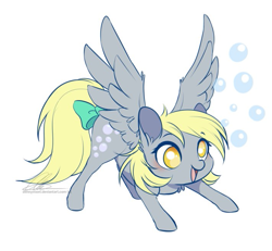 Size: 711x657 | Tagged: source needed, safe, artist:dvixie, derpibooru import, twibooru import, derpy hooves, pegasus, pony, bow, bubble, cute, deleted from derpibooru, derpabetes, female, happy, mare, simple background, solo, spread wings, tail bow, white background, wings