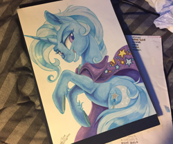 Size: 2048x1714 | Tagged: safe, artist:dvixie, derpibooru import, twibooru import, trixie, pony, unicorn, cape, clothes, deleted from derpibooru, female, grin, lidded eyes, mare, smiling, solo, traditional art, trixie's cape, unshorn fetlocks
