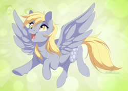 Size: 3645x2614 | Tagged: safe, artist:dvixie, derpibooru import, twibooru import, derpy hooves, pegasus, pony, deleted from derpibooru, female, flying, happy, mare, solo, spread wings, wings, zoom layer