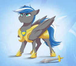 Size: 1024x893 | Tagged: safe, artist:dvixie, derpibooru import, twibooru import, oc, oc:cloud zapper, pegasus, pony, armor, deleted from derpibooru, ear fluff, ears, hoof shoes, male, royal guard, royal guard armor, solo, stallion, wing fluff