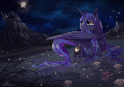 Size: 2947x2090 | Tagged: safe, artist:dvixie, derpibooru import, twibooru import, princess luna, alicorn, pony, beautiful, canterlot, cute, deleted from derpibooru, female, lunabetes, mare, moon, mountain, night, smiling, solo, source in the description, spread wings, swanluna, swimming, water, wet, wet mane, wings