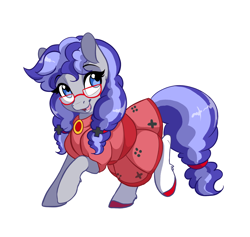 Size: 2632x2500 | Tagged: safe, artist:dvixie, derpibooru import, twibooru import, oc, oc only, oc:cinnabyte, earth pony, pony, clothes, deleted from derpibooru, dork, dress, female, glasses, looking at you, mare, pigtails, simple background, smiling, socks, solo, stockings, thigh highs, twintails, white background