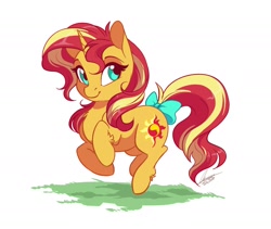 Size: 1978x1673 | Tagged: safe, artist:dvixie, derpibooru import, twibooru import, sunset shimmer, pony, unicorn, bow, cute, cutie mark, daaaaaaaaaaaw, deleted from derpibooru, female, happy, mare, shimmerbetes, signature, simple background, smiling, smol, solo, sweet dreams fuel, tail bow, white background