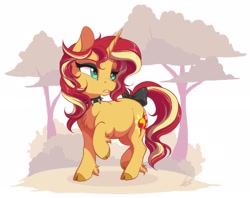 Size: 2048x1618 | Tagged: safe, artist:dvixie, derpibooru import, twibooru import, sunset shimmer, pony, unicorn, beautiful, bow, choker, cloven hooves, deleted from derpibooru, eyeshadow, female, makeup, mare, solo, spiked choker, tail bow, tree, unshorn fetlocks