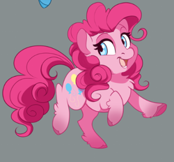 Size: 442x411 | Tagged: safe, artist:dvixie, derpibooru import, edit, twibooru import, pinkie pie, earth pony, pony, chest fluff, chibi, cropped, cute, deleted from derpibooru, diapinkes, female, gray background, happy, hoof fluff, leg fluff, mare, open mouth, raised hoof, simple background, smiling, solo focus, unshorn fetlocks