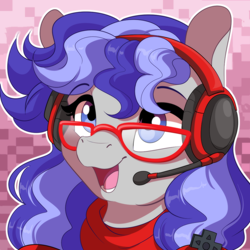 Size: 1000x1000 | Tagged: safe, artist:dvixie, derpibooru import, twibooru import, oc, oc only, oc:cinnabyte, pony, bandana, deleted from derpibooru, female, gaming headset, glasses, headset, icon, mare, open mouth, pigtails, purple