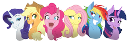 Size: 1463x490 | Tagged: safe, alternate version, artist:dvixie, derpibooru import, twibooru import, applejack, fluttershy, pinkie pie, rainbow dash, rarity, twilight sparkle, earth pony, pegasus, pony, unicorn, applejack's hat, bedroom eyes, bust, cowboy hat, deleted from derpibooru, ears, female, floppy ears, funny face, grin, gritted teeth, hat, line-up, looking at you, mane six, mare, open mouth, portrait, silly face, simple background, smiling, stetson, transparent background, wide eyes