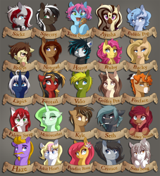 Size: 1000x1100 | Tagged: safe, artist:dvixie, derpibooru import, twibooru import, oc, oc:ayasha, oc:backy, oc:bubble pop, oc:cristice, oc:foxface, oc:golden pen, oc:haze, oc:honey varnish, oc:inkie heart, oc:merriweather, oc:notepad, oc:palette swap, oc:paradise rose, oc:redeye, oc:set, oc:swan song, oc:tootie frootie, oc:twotail, earth pony, pegasus, pony, unicorn, bust, deleted from derpibooru, female, male, mare, mouth hold, paintbrush, portrait, stallion