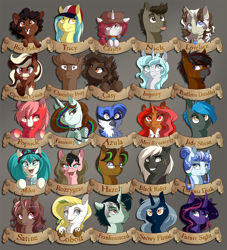 Size: 1000x1100 | Tagged: safe, artist:dvixie, derpibooru import, twibooru import, oc, oc:azula griffon, oc:black rider, oc:casy, oc:chocolate crumb, oc:chocolate pony, oc:cobolt, oc:famosity, oc:future sight, oc:hazel, oc:jade shine, oc:lovelace, oc:miku, oc:pendletondreadful, oc:popsicle, oc:rice paddy, oc:romancedy, oc:satine, oc:snowy flame, oc:thauma disk, earth pony, pegasus, pony, unicorn, blonde, blonde mane, blue eyes, deleted from derpibooru, female, glasses, golden eyes, green eyes, male, mare, orange eyes, red eyes, red mane, stallion