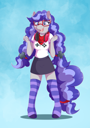 Size: 3035x4299 | Tagged: safe, artist:dvixie, derpibooru import, twibooru import, oc, oc only, oc:cinnabyte, anthro, unguligrade anthro, adorkable, bandana, clothes, commission, cute, deleted from derpibooru, dork, excited, gaming headset, happy, headphones, headset, smiling, socks, solo, striped socks, tail