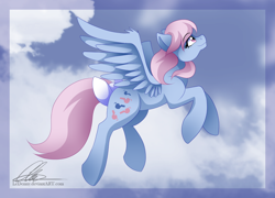 Size: 792x571 | Tagged: safe, artist:dvixie, derpibooru import, twibooru import, wind whistler, pegasus, pony, g1, bow, cloud, deleted from derpibooru, female, flying, g1 to g4, generation leap, mare, sky, solo, tail bow