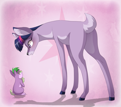 Size: 865x760 | Tagged: safe, artist:dvixie, derpibooru import, twibooru import, spike, twilight sparkle, deer, rabbit, animal, bambi, butt, deerified, deleted from derpibooru, doe, duo, female, male, parody, pink background, plot, simple background, species swap