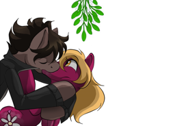 Size: 500x367 | Tagged: dead source, safe, artist:dvixie, derpibooru import, twibooru import, oc, oc only, oc:daisy jane, oc:joen klausen, deleted from derpibooru, kissing, mistletoe