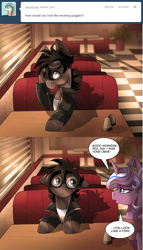 Size: 699x1223 | Tagged: dead source, safe, artist:dvixie, derpibooru import, twibooru import, oc, oc only, oc:joen klausen, ask joen pony, clothes, deleted from derpibooru, diner, goggles, tumblr