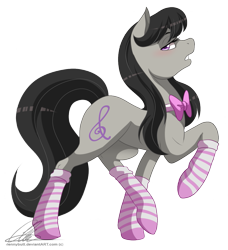 Size: 1075x1180 | Tagged: safe, artist:dvixie, derpibooru import, twibooru import, octavia melody, earth pony, pony, bedroom eyes, blushing, bow, bowtie, clothes, deleted from derpibooru, female, gritted teeth, looking at you, mare, misleading thumbnail, pose, raised hoof, raised leg, simple background, socks, socktavia, solo, striped socks, transparent background