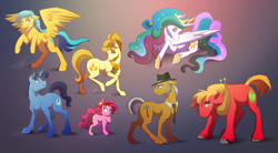 Size: 2241x1240 | Tagged: safe, artist:dvixie, derpibooru import, twibooru import, aunt orange, big macintosh, igneous rock pie, night light, pinkie pie, princess celestia, sunshower raindrops, alicorn, earth pony, pony, deleted from derpibooru, male, sketch, sketch dump, stallion