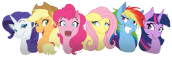 Size: 1447x490 | Tagged: dead source, safe, artist:dvixie, derpibooru import, twibooru import, applejack, fluttershy, pinkie pie, rainbow dash, rarity, twilight sparkle, earth pony, pegasus, pony, unicorn, applejack's hat, bedroom eyes, bust, cowboy hat, deleted from derpibooru, ears, female, floppy ears, funny face, grin, gritted teeth, hat, line-up, looking at you, mane six, mare, open mouth, portrait, silly face, simple background, smiling, stetson, transparent background, wide eyes