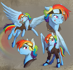 Size: 1051x1015 | Tagged: dead source, safe, artist:dvixie, derpibooru import, twibooru import, rainbow dash, pegasus, pony, aviator glasses, clothes, deleted from derpibooru, female, goggles, jacket, mare, open mouth, rainbow, solo