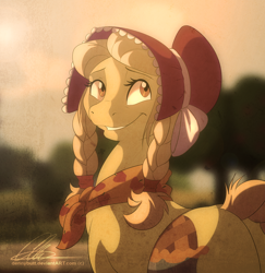 Size: 1000x1028 | Tagged: safe, artist:dvixie, derpibooru import, twibooru import, granny smith, earth pony, pony, adorasmith, bonnet, butt, cute, deleted from derpibooru, female, grin, looking back, mare, neckerchief, plot, rear view, smiling, solo, young granny smith, younger