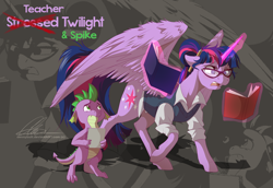 Size: 1546x1063 | Tagged: safe, artist:dvixie, derpibooru import, twibooru import, spike, twilight sparkle, twilight sparkle (alicorn), alicorn, dragon, pony, book, clothes, deleted from derpibooru, ear piercing, earring, ears, fangs, female, floppy ears, frown, glasses, jewelry, magic, mare, open mouth, piercing, reading, spread wings, stress, stressed, telekinesis, walking, wings, zoom layer