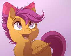Size: 747x591 | Tagged: safe, artist:dvixie, derpibooru import, twibooru import, scootaloo, pegasus, pony, bow, chest fluff, cute, cutealoo, deleted from derpibooru, ear fluff, ears, female, filly, fluffy, hair bow, looking up, open mouth, smiling, solo