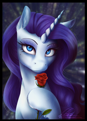 Size: 1908x2648 | Tagged: safe, artist:dvixie, derpibooru import, twibooru import, rarity, pony, unicorn, deleted from derpibooru, flower, glitter, hoof hold, hooves, lana del rey, looking at you, rose, solo