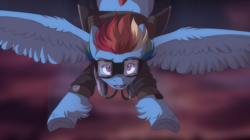 Size: 1280x716 | Tagged: dead source, safe, artist:dvixie, derpibooru import, twibooru import, rainbow dash, pegasus, pony, clothes, deleted from derpibooru, flying, goggles, jacket, solo