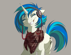 Size: 1074x830 | Tagged: safe, artist:dvixie, derpibooru import, twibooru import, vinyl scratch, pony, unicorn, chest fluff, cute, deleted from derpibooru, eyes closed, female, gray background, happy, headphones, keffiyeh, leg fluff, mare, simple background, smiling, solo, vinylbetes