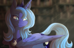 Size: 3028x1969 | Tagged: safe, artist:dvixie, derpibooru import, twibooru import, princess luna, alicorn, pony, cute, deleted from derpibooru, dust motes, female, light, looking back, lunabetes, mare, pretty, s1 luna, smiling, solo