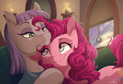 Size: 800x547 | Tagged: dead source, safe, artist:dvixie, derpibooru import, twibooru import, maud pie, pinkie pie, earth pony, pony, maud pie (episode), cute, deleted from derpibooru, diapinkes, duo, ear down, ear fluff, ears, female, fluffy, hug, looking at each other, mare, maudabetes, neck nuzzle, nuzzling, pie sisters, scene interpretation, siblings, sisters, smiling