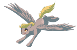 Size: 1000x650 | Tagged: safe, artist:dvixie, derpibooru import, twibooru import, derpy hooves, pegasus, pony, deleted from derpibooru, female, flying, mare, ponycon nyc, simple background, solo, spread wings, tongue out, white background, wings
