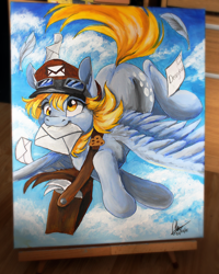 Size: 914x1140 | Tagged: safe, artist:dvixie, derpibooru import, twibooru import, derpy hooves, pegasus, pony, acrylic painting, cap, deleted from derpibooru, female, flying, hat, letter, mailbag, mailmare, mare, mouth hold, solo, traditional art