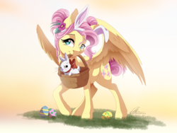 Size: 1300x975 | Tagged: safe, artist:dvixie, derpibooru import, twibooru import, angel bunny, fluttershy, pegasus, pony, alternate hairstyle, bunny ears, bunny hood, cute, deleted from derpibooru, easter, easter egg, female, holiday, mare, mouth hold, shyabetes