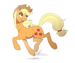 Size: 1213x1019 | Tagged: safe, artist:dvixie, derpibooru import, twibooru import, applejack, earth pony, pony, cute, deleted from derpibooru, ear fluff, ears, female, freckles, hat, jackabetes, looking back, mare, open mouth, simple background, solo, trotting, white background