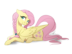 Size: 1154x866 | Tagged: dead source, safe, artist:dvixie, derpibooru import, twibooru import, fluttershy, pegasus, pony, alternate hairstyle, braid, cute, deleted from derpibooru, female, mare, prone, shyabetes, simple background, solo, white background