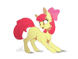Size: 1154x866 | Tagged: dead source, safe, artist:dvixie, derpibooru import, twibooru import, apple bloom, earth pony, pony, adorabloom, bow, cute, deleted from derpibooru, female, hair bow, looking back, open mouth, simple background, smiling, solo