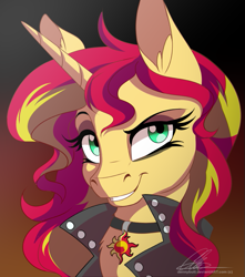 Size: 663x749 | Tagged: dead source, safe, artist:dvixie, derpibooru import, twibooru import, sunset shimmer, pony, unicorn, collar, deleted from derpibooru, grin, jewelry, looking at you, necklace, smiling, solo